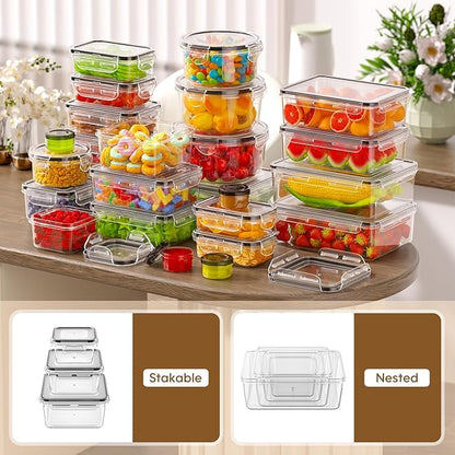 KEMETHY 50 PCS Food Storage Containers with Lids Airtight, Total 629oz, BPA-free, Food-grade, Eco-friendly Material, Leak Proof Plastic Containers, Microwave/Dishwasher Safe