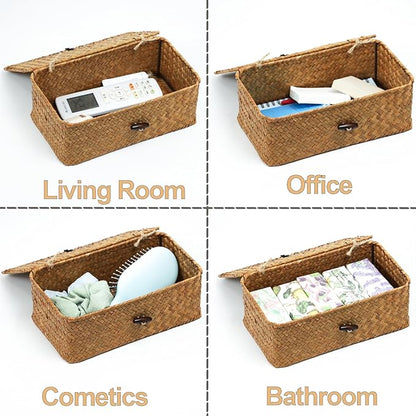 Set of 2 Wicker Basket with Lid, Seagrass Woven Basket for Storage, Decorative Storage Baskets Bins for Organizing Home