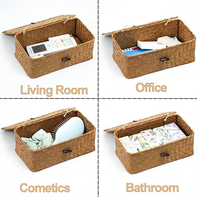 Wicker Storage Basket with Lid, Natural Seagrass Storage Baskets for Organizing, Rectangular Woven Basket for Storage, Decorative Boxes Bins with Lids Home Organizer Decor