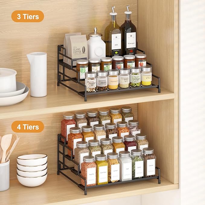 RUILALIFE 4-Tier-Spice-Rack-Organizer-for-Cabinet, Adjustable Depth Spice Holder Shelf For Countertop Pantry Cupboard, Metal Tiered Seasoning Organizer,Display Shelf Riser (Black-2 Pack)