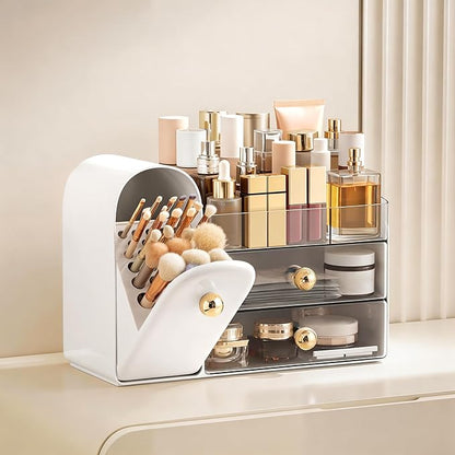 HBlife Makeup Organizer Countertop with Drawers, Vanity Organizers with Brush Holder, Bathroom Counter Organizer for Perfume, Nail Polishes, Lipsticks, Skincare and Eyeshadow Palettes, White and Clear