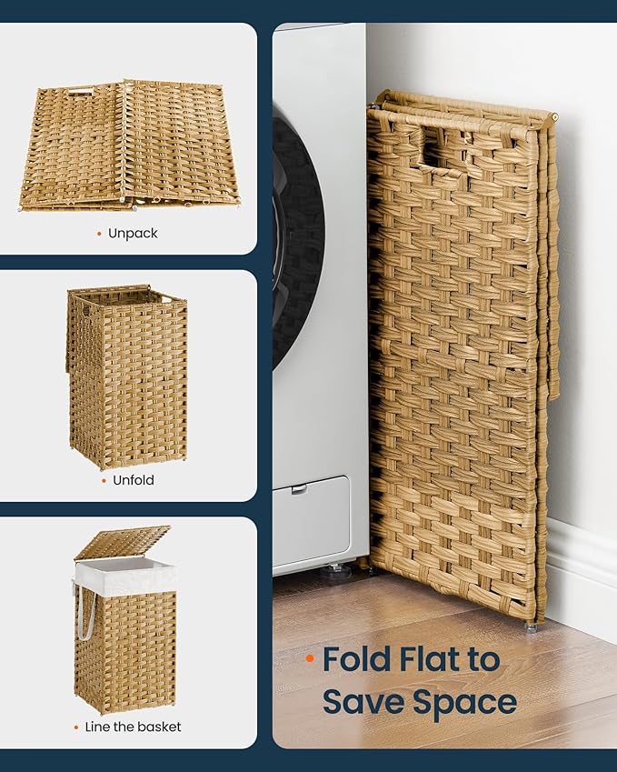 SONGMICS HOME Laundry Hamper with Lid, Clothes Basket with Removable Liner and Handles, 17.2 Gallon, Foldable Narrow Laundry Organizer for Bathroom, Bedroom, Light Brown