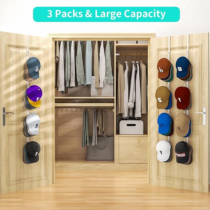 HapiRm Over Door Hat Rack - 3 Packs Hat Organizer with 12 Hooks Design, Hanging Baseball Cap Organizer Storage Holds Up to 60 Caps for Door, Bedroom, Closet (White)