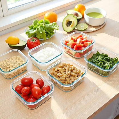 16oz Square Glass Food Storage Containers With Lids, 2 Cup Square Glass Food Containers With Lids, BPA free Small Meal Prep Bowls for leftovers, Dishwasher, Freezer Safe (8Pack)