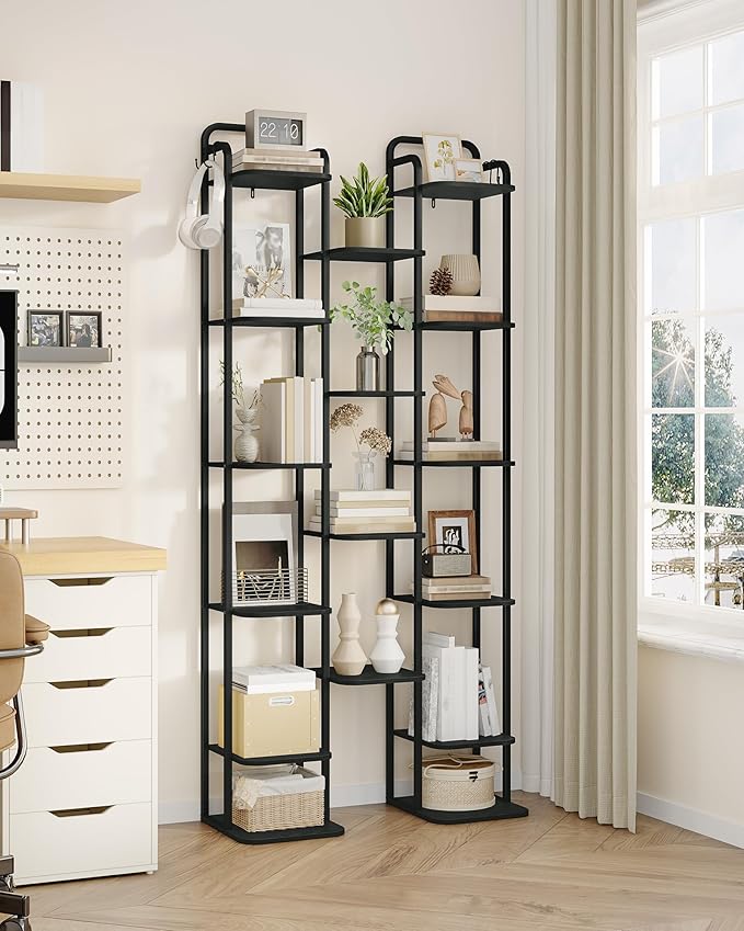 Hzuaneri Vertical Shoe Rack, Shoe Shelves, Wood Shoe Organizer for Closet, Entryway, Shoe Tower for Small Spaces, Free Standing, Adjustable, with 2 Hooks, 10 Tier Black SR11204B