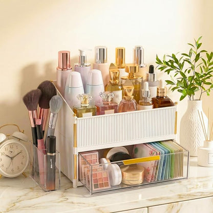 Large Capacity Makeup Organizer Countertop with Brush Holder, Vanity Skincare Perfume Storage Box for Bathroom, Mother's Day Birthday Anniversary Teen Girl Gifts for Women Mom