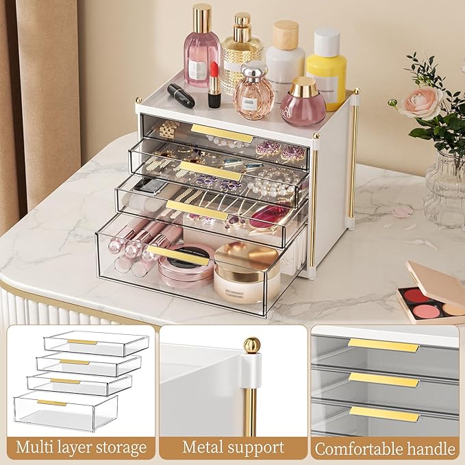 Aveniee 4 Drawers Makeup Organizer- Bathroom Organizers and Storage, Plastic Bins Countertop Perfume Vanity Desk Organization for Cosmetic, Skincare, Face Mask, Jewelry, White