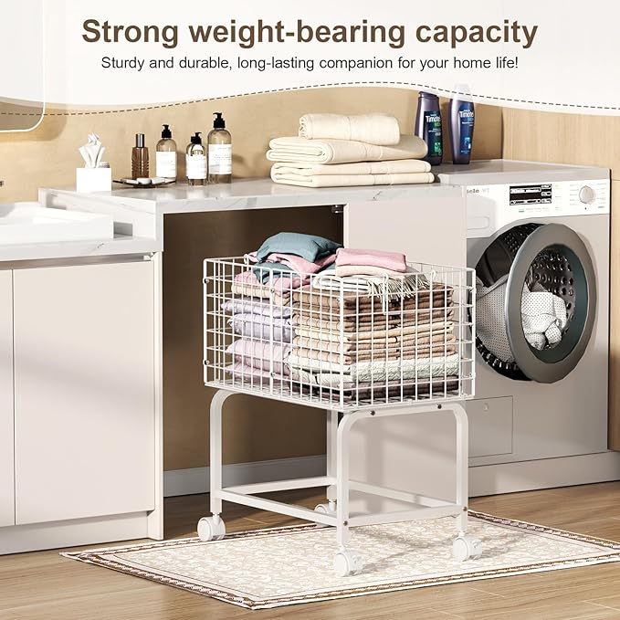 Wire Laundry Cart with Wheels,80L Rolling Laundry Basket Trolley with Pull Handle,White High Laundry Basket Cart for Laundry Room,Bathroom,Bedroom-White(23.6 * 15.75 * 28inch)