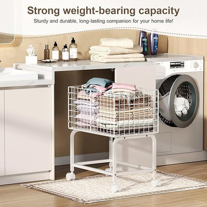 Wire Laundry Cart with Wheels,80L Rolling Laundry Basket Trolley with Pull Handle,White High Laundry Basket Cart for Laundry Room,Bathroom,Bedroom-White(23.6 * 15.75 * 28inch)