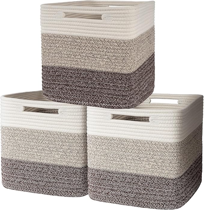AELS Hand Woven Cotton Baskets for Storage, Cube Storage Bins with Handles, Foldable Collapsible Closet Organizers and Storage, Boho Farmhouse Storage Cubes for Shelves, Beige Mixed Khaki Coffee Brown