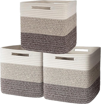 AELS Hand Woven Cotton Baskets for Storage, Cube Storage Bins with Handles, Foldable Collapsible Closet Organizers and Storage, Boho Farmhouse Storage Cubes for Shelves, Beige Mixed Khaki Coffee Brown