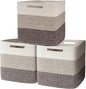 AELS Hand Woven Cotton Baskets for Storage, Cube Storage Bins with Handles, Foldable Collapsible Closet Organizers and Storage, Boho Farmhouse Storage Cubes for Shelves, Beige Mixed Khaki Coffee Brown