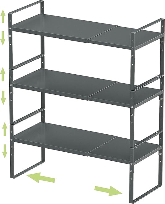 Jojocross Expandable Stackable Spice Rack Cabinet Shelf Organizer in Cabinets Shelves Kitchen Cupboard Organization Stack up Racks Pantry Countertop Storage (Gun-Gray, Large 3 Packs G)
