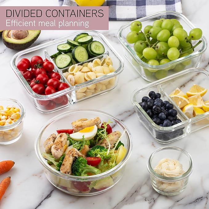 COOK WITH COLOR Premium 32-Pc. Borosilicate Glass Food Container Set with Dividers - 4 Rectangles, 8 Rounds, 4 Squares - Leakproof Lids - Meal Prep, Storage, Pink