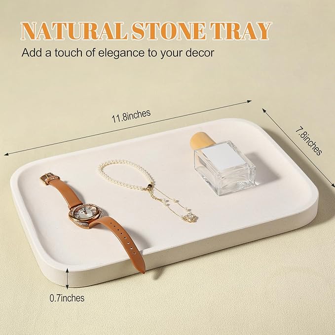 Koville Marble Tray, 12"x8" Natural Stone Vanity Tray for Countertop Bathroom Kitchen Dresser, Decorative Marble Catchall Trays for Perfume Jewelry, Rectangular Serving Tray(Beige)