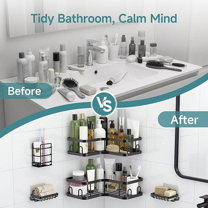 Veken Corner Shower Caddy 5-Pack, Advanced Rustproof Design, No Drilling Adhesive Shelves, Rack with Soap Holder, Large Capacity Bathroom Organizers and Storage, Wall-Mounted Kitchen&Home Decor,Black