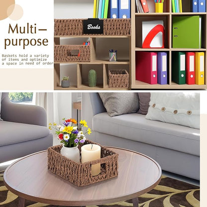 Marsui 9 Pcs Paper Rope Storage Baskets with Handle Labels Handwoven Multi-size Brown Storage Bins for Organizing Small Baskets Container for Shelves Closet Pantry Toilet