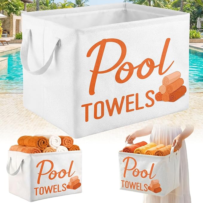 Yungyan Pool Towel Storage Basket Bin and Organizer Large Pool Towel Storage Basket Waterproof Canvas Cube with Handle Beach Gift for Outdoor Summer Seaside Home Clothes Book Toy Organization, Orange