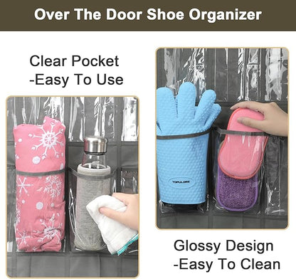 Over The Door Shoe Organizer - Space Saving Shoe Rack for Closet Door with 24 Crystal Clear Pockets and Metal Hooks, Shoe Holder Back of Door Organizers for Shoes, Gray Hanging Shoe Organizer (Gray)