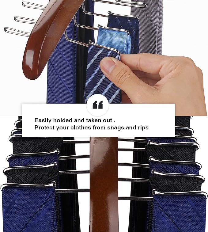 Tie Rack 2Pcs Tie Racks for Men Closet 24 Hooks, Wooden Tie Organizer with Upgraded 360°Rotating, Scarves Accessories Closet Organizer for Bras,Tank Tops,Camisoles etc.Walnut…