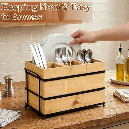 Silverware Caddy with Drawer and 4 Removable Compartments for Spoons, Forks, Plates Napkins, Flatware Organizer with Drain Holes, Bamboo Utensil Holder for Kitchen Counter, Party
