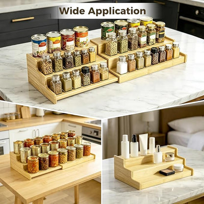 Expandable Bamboo Can Rack Organizer for Pantry, 3-Tier Adjustable Canned Food Storage Holder, Tiered Step Shelf holds up to 24 Cans for Kitchen Cabinet & Countertop