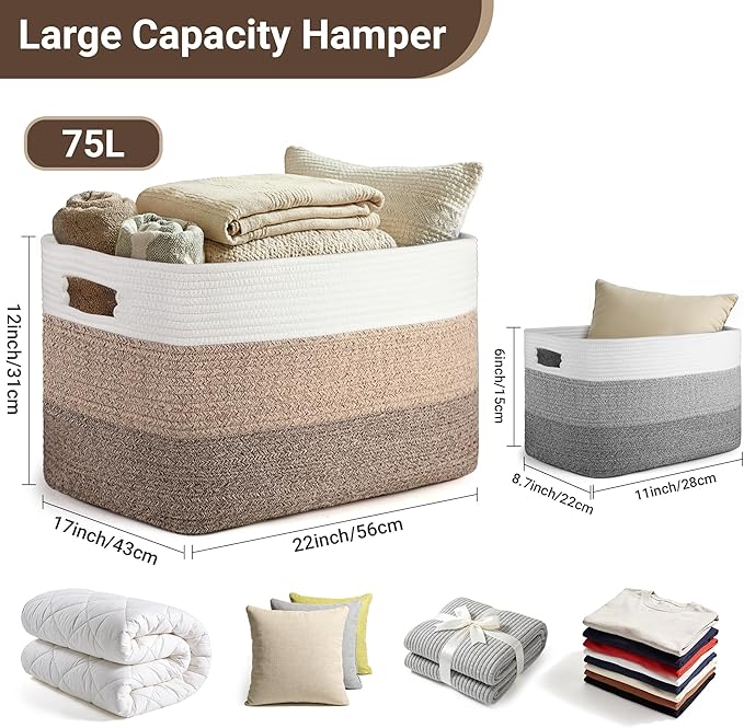 75L Large Woven Storage Basket, Cotton Rope Laundry Hamper with Handles, 22”x17”x12” Rectangle Blanket Basket for Toys, Clothes, Pillows, Nursery and Living Room, Gradient Brown/White