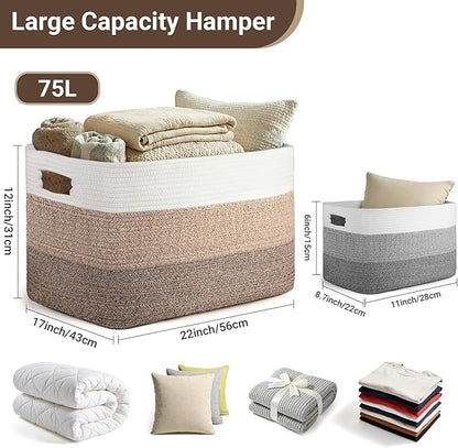 75L Large Woven Storage Basket, Cotton Rope Laundry Hamper with Handles, 22”x17”x12” Rectangle Blanket Basket for Toys, Clothes, Pillows, Nursery and Living Room, Gradient Brown/White