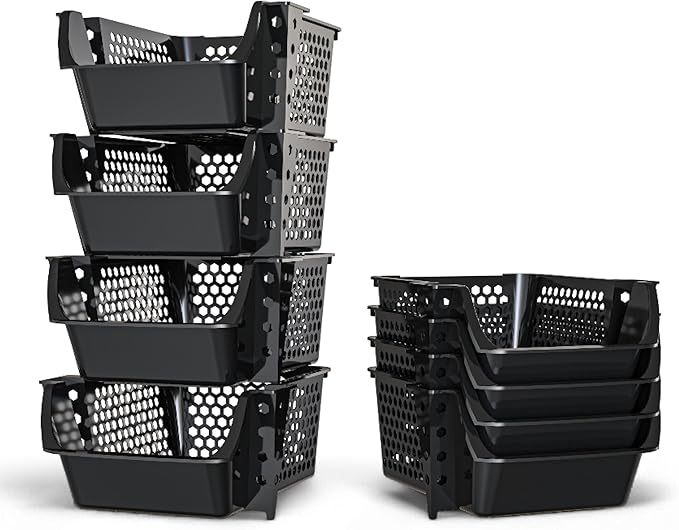 TidyFriend 4 Pack Stackable Storage Bins Open Front for Pantry Organizers and Storage, Plastic Storage Bins, Dorm Room Essentials, Pantry Storage for Snacks, Toiletries, and Small Essentials (Black)