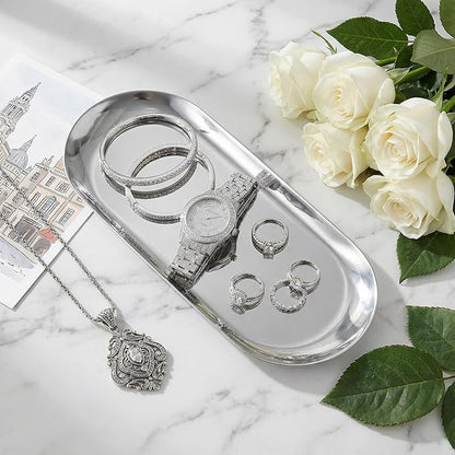 Silver Decorative Tray, 2 PCS Bathroom Vanity Tray for Dresser Counter, Elegant Jewelry Dish Tray for Decor, Silver Platter Serving Tray Organizer for Perfume Trinket Key Candle, Stainless Steel, Oval