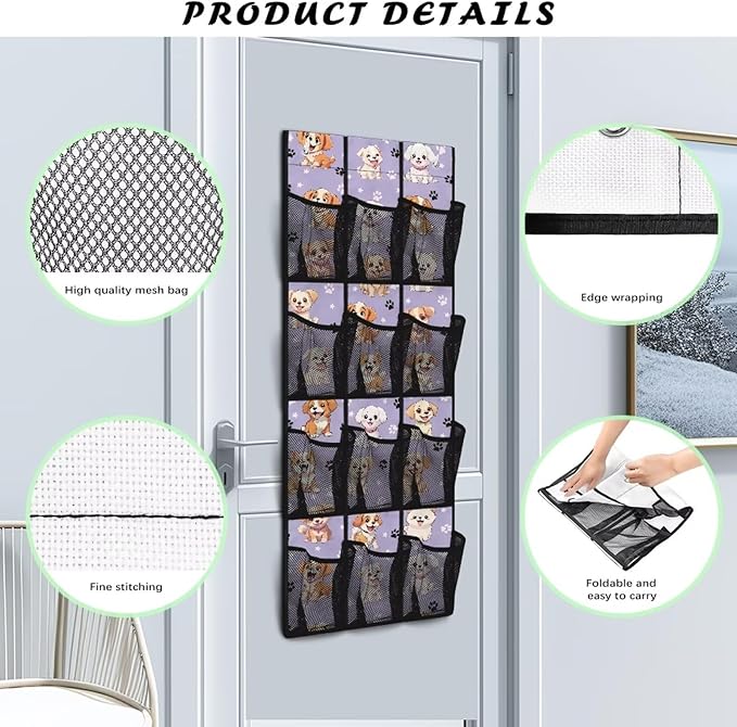 Cute Dogs Over The Door Shoe Organizer Mesh Fabric Door Hanger Organizer for Living Room Space Saving Shoe Holder Hanger Easy to Install Wall Hanging Storage for Closet