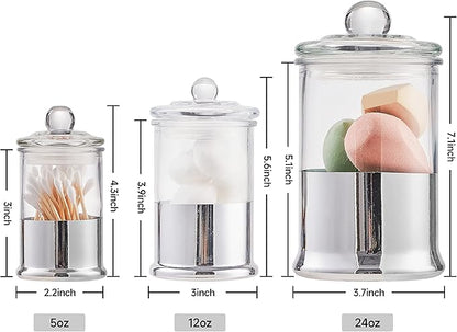KMwares 3PCs Set Small Glass Premium Quality Apothecary Jars with lids Bathroom Accessories Set for Bathroom Laundry Room Storage Organizer Canisters Cotton Balls Q-Tips (Sliver jar)