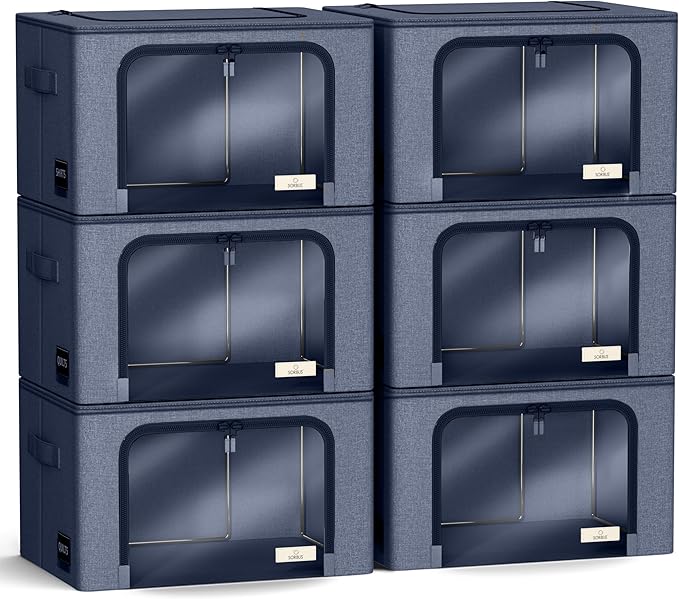 Sorbus Storage Bins with Metal Frame - Stackable & Foldable Clothes Organizer Bags - Oxford Fabric Storage Containers with Large Clear Window & Carry Handles Organization for Bedding Linen & Clothing