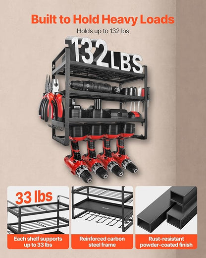 VEVOR Power Tool Organizer Wall Mount, 4-Layer Storage Rack with 4 Drill Holders, Tools Holder and Storage Rack with Screwdriver Holder, Garage Tool Organizer for Garage, Workbench, and Workshop