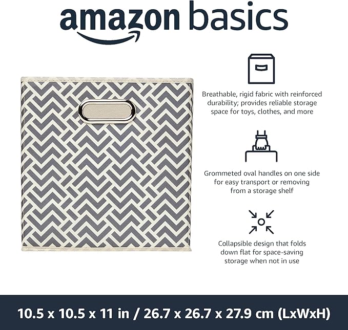 Amazon Basics Collapsible Cube Storage Organizer Bins, 24-Pack, 10.5 x 10.5 x 11 inches, Chevron Grey