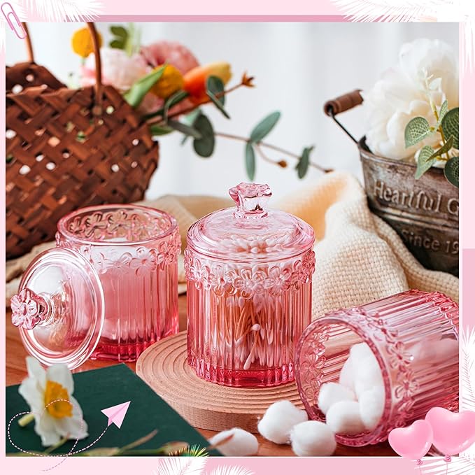 Hushee 4 Pcs Crystal Glass Candy Jar Set with Lids Home Decorative Storage Jars for Apothecary, Bathroom, Kitchen, and Pantry, Ideal for Cotton Swabs and Jewelry(Pink)