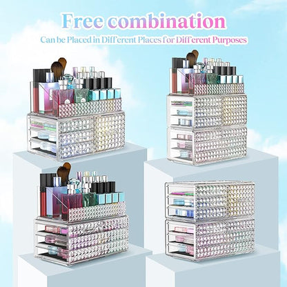3 Pack Makeup Organizer Stackable[Upgraded], Acrylic Cosmetics Storage Cases with 8 Drawers Perfume Organizers For Brush Holder or Jewelry Display,Plus Size,Best For Vanity,Bathroom or Countertop