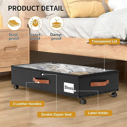 Under Bed Storage Containers with Wheels Large Underbed Shoes Blankets Clothes Toy Storage Drawers for College Dorms Bedrooms Nursery Rooms Organization (Black 2 Pack, 6.6in height(30.3"x15.7"x6.6"))