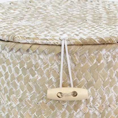 Seagrass Handmade Basket with Lid, Small Round Basket for Storage, Decorative Home Organizer Decor(7"L X 5"H, White)