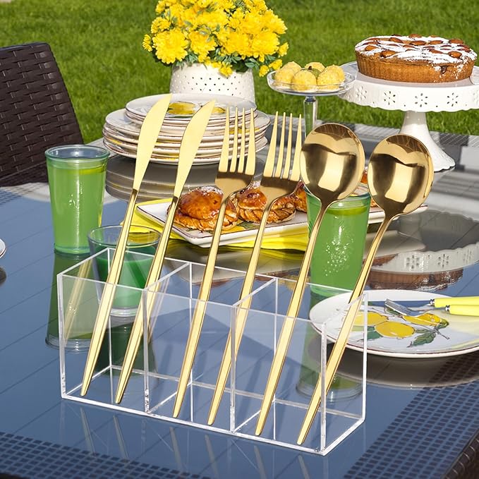 Hxezoc Clear Acrylic Cutlery Storage Organizer, Plastic Transparent Silverware Caddy 3 Section Tableware Holder for Kitchen Indoor Outdoor Decoration Supplies