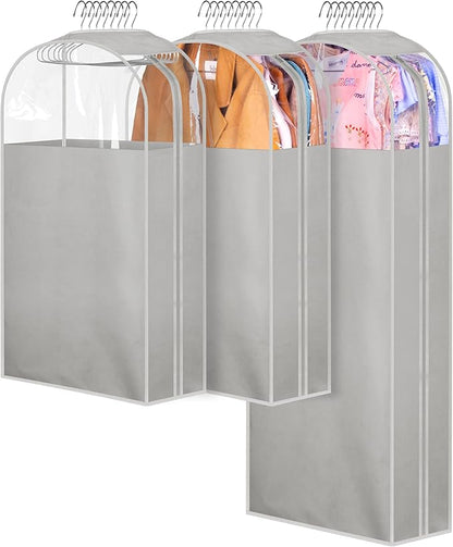 MISSLO 10" Gusseted Garment Bags for Hanging Clothes 40"+60" Clear Suit Bags for Closet Storage Dress Bag for Gowns Long Coat Protector, 3 Packs, Grey
