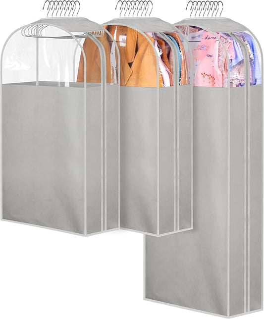 MISSLO 10" Gusseted Garment Bags for Hanging Clothes 40"+60" Clear Suit Bags for Closet Storage Dress Bag for Gowns Long Coat Protector, 3 Packs, Grey