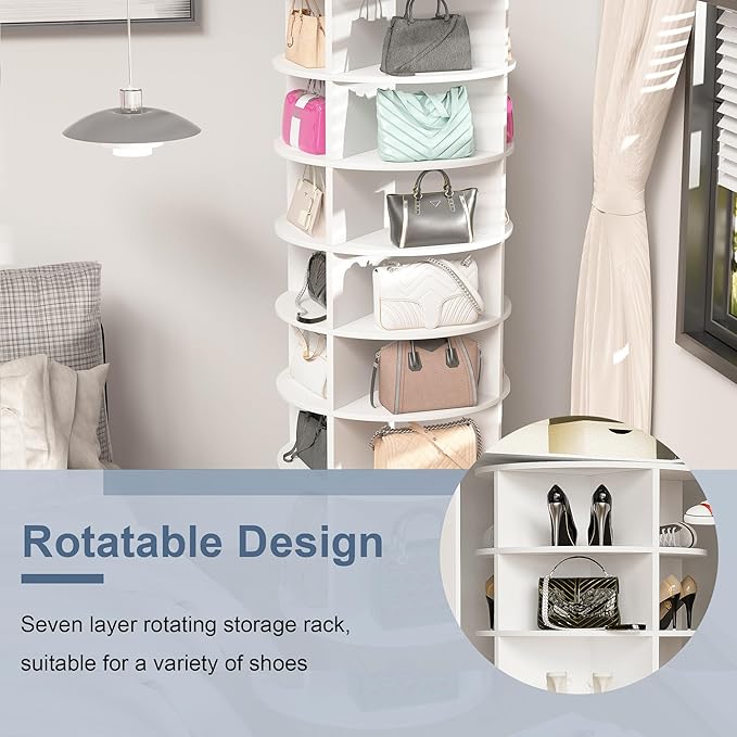 7 Tier Rotating Shoe Rack Tower, Spinning Shoe Tower Display Lazy Susan, Revolving 360° Shoe Rack Storage Round Carousel, Vertical Handbag Rotate Shoes Closet Organization