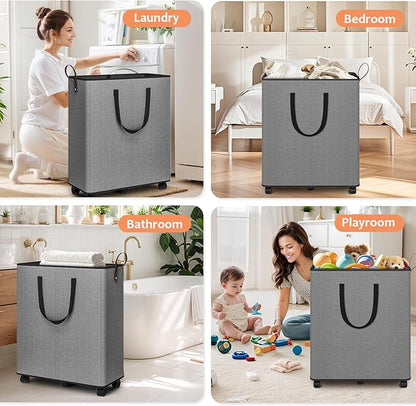 SpaceTrove Laundry Basket with Wheels, Collapsible Laundry Baskets, Laundry Hamper with Handles Detachable Wheels, Rolling Laundry Basket, Dirty Clothes Hamper for Bathroom, Dorm, Bedroom, Grey, 155L
