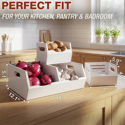 HOMESTEAD Stackable Solid Wood Storage Bins for Kitchen Pantry & Countertop, Ventilated Potato and Onion Basket Organizer with Handles, Wooden Produce Storage Containers, 3-Pack, White