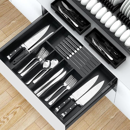 VaeFae Bamboo Silverware Drawer Organizer Kitchen, Expandable Utensil Organizer with Knife Block, Cutlery Tray with Divider, Multifunctional Drawer Organizer (Black)