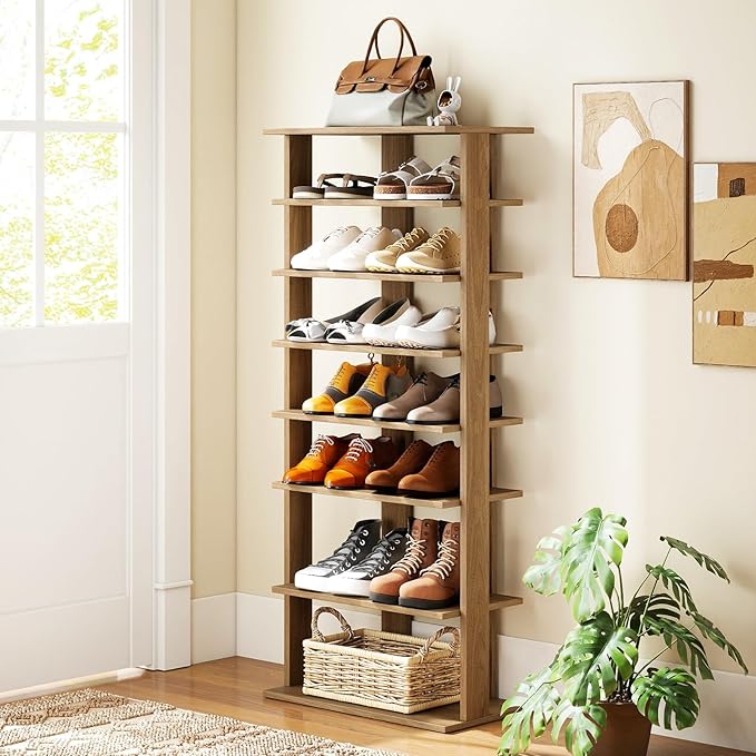 GOFLAME 7-Tier Tall Shoe Rack, Patented Freestanding Shoe Shelf Storage Organizer for 14 Pairs of Shoes, Space-Saving Vertical Shoe Stand for Entryway, Closet, Living Room, Natural