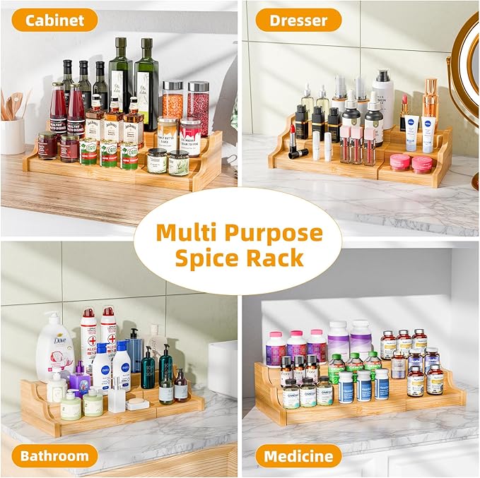 Simple Trending Spice Rack Kitchen Cabinet Organizer, 3 Tier Bamboo Expandable Spice Storage, Display Shelf for Cupboard, Pantry, Yellow