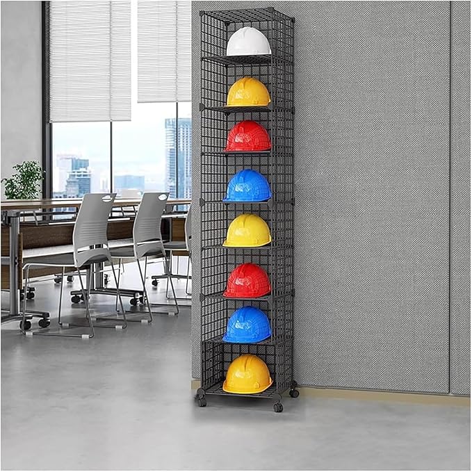 Stackable Safety Helmet Storage Boxes, Large Adjustable Hard Hat Placement Organizer Rack with Wheels for Construction Site/Garage/Workshop/Factory Helmet Display Shelf (1 * 8)