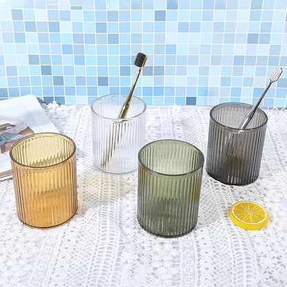 DASITON Makeup Brush Holder Organizer, Acrylic Makeup Brush Cup, Vintage Striped Make Up Brush Holder for Vanity, Bathroom Countertop, Toothbrush Holders, Pen Holder for Desk Storage (Yellow)